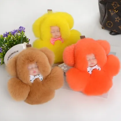 New sleeping baby keychain Real Fur Pom Pom Key Chain Women Trinket Car Key Ring Keychain Jewelry Gift fluffy keychain on bag