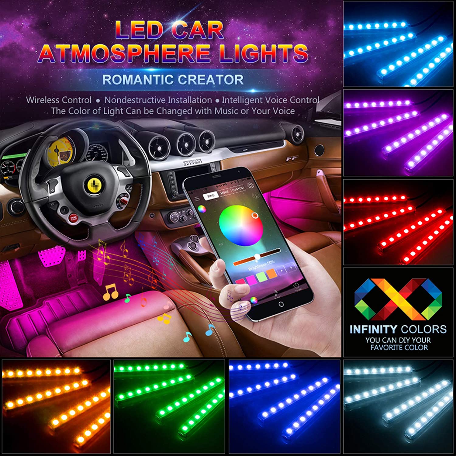 Car Decoration LED Light Foot Ambient Lights With USB Cigarette Music Control App RGB Multiple Modes Automotive Interior Lights