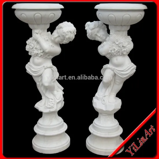White Stone Boy Statue With Flower Pot, Marble Boy Carving, Stone Sculpture