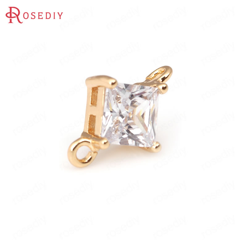 (31965)4PCS 6MM 8MM 24K Champagne Gold Color Brass with Zircon Square 2 hole Connector Charms High Quality Jewelry Accessories