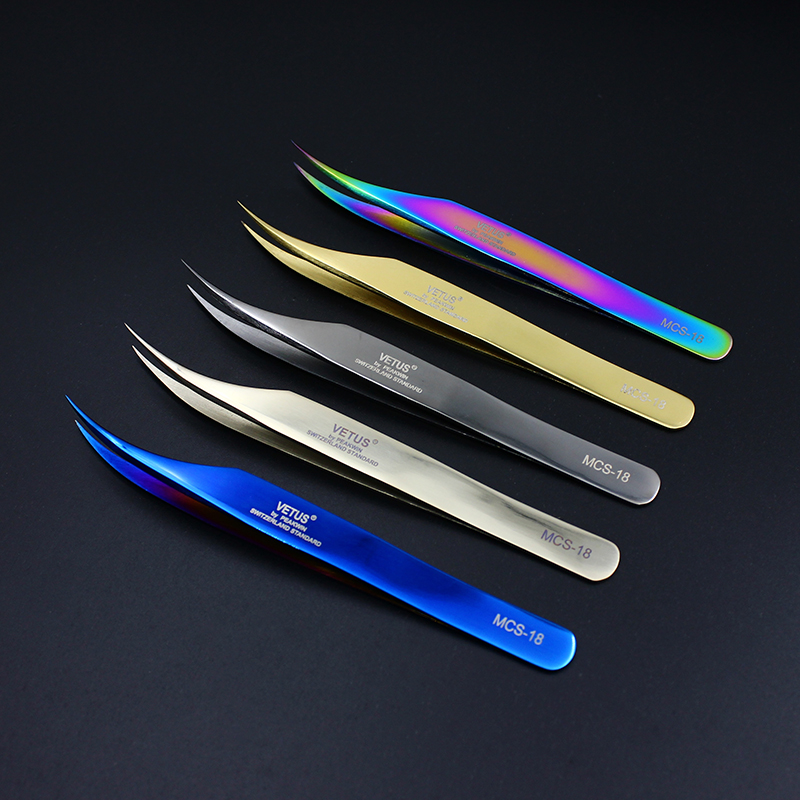 2018 NEW 100% VETUS MCS18 /19 Rainbow Tweezers False Eyelash Extension Tweezer Stainless Steel Dolphin tweezers 5 color choose