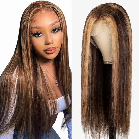 200% Density Pre Plucked Virgin Human Hair 150% Density Straight Free Part Highlight 5x5 T-Part Wig with Baby Hair Brazilian
