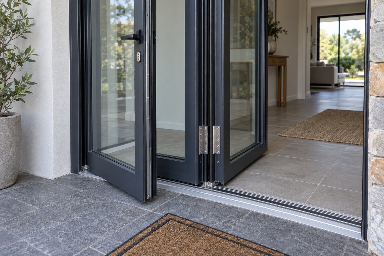 Close view of bifold entry door traffic leaf, hinges, seals and low threshold