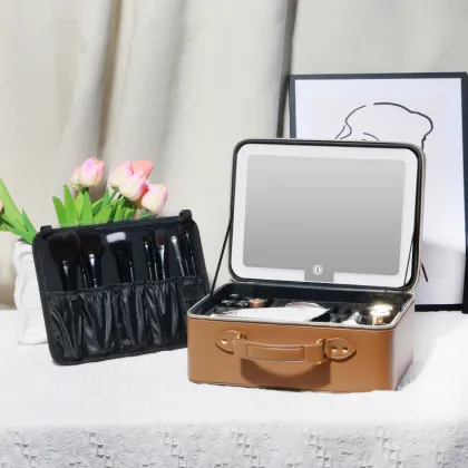 Adjustable Light Mirror Custom Brown PU Leather Makeup Bag