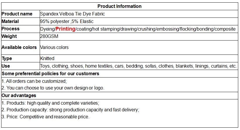 Spandex velboa tie dye fabric
