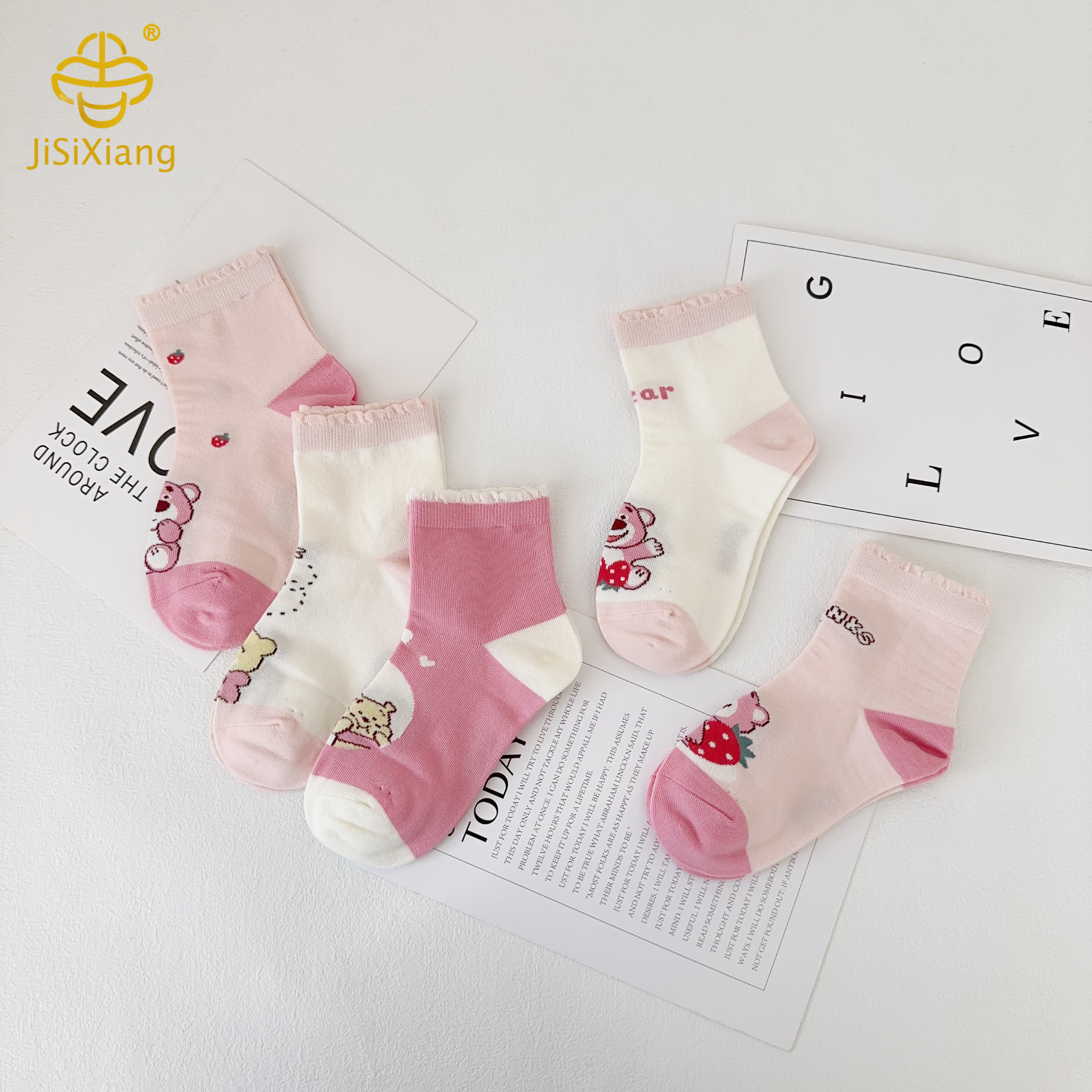 Korean cartoon strawberry bear short socks for girl