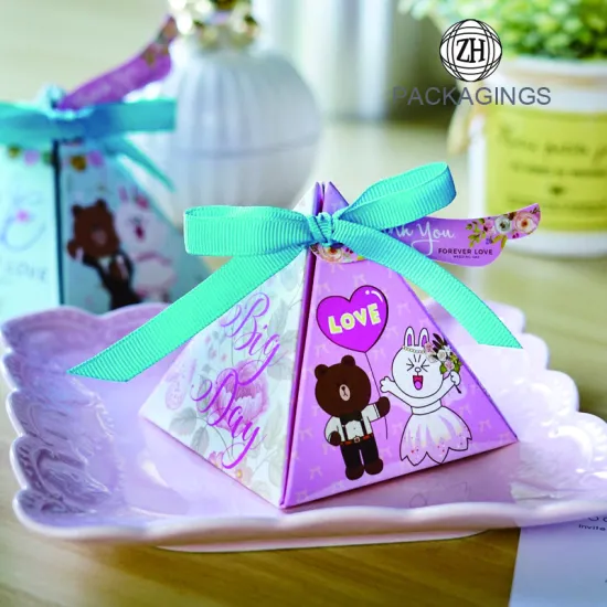 Pyramidal wedding candy gift paper box with ribbon