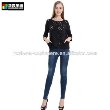 Round Neck Black Half Sleeve Pullover, Black Sexy Crochet Cashmere Pullover