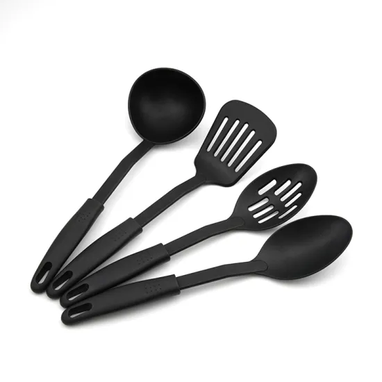 Set of 4 Kitchen Utensils: Nylon Slotted Spoon, Solid Spoon, Slotted Turner, and Soup Spoon