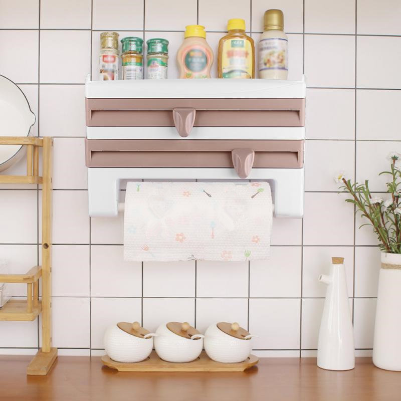 Wall-Mount Paper Towel Holder Kitchen Organizer Preservative Film Dispenser Sauce Bottle Storage Rack Wall Roll Paper Storage