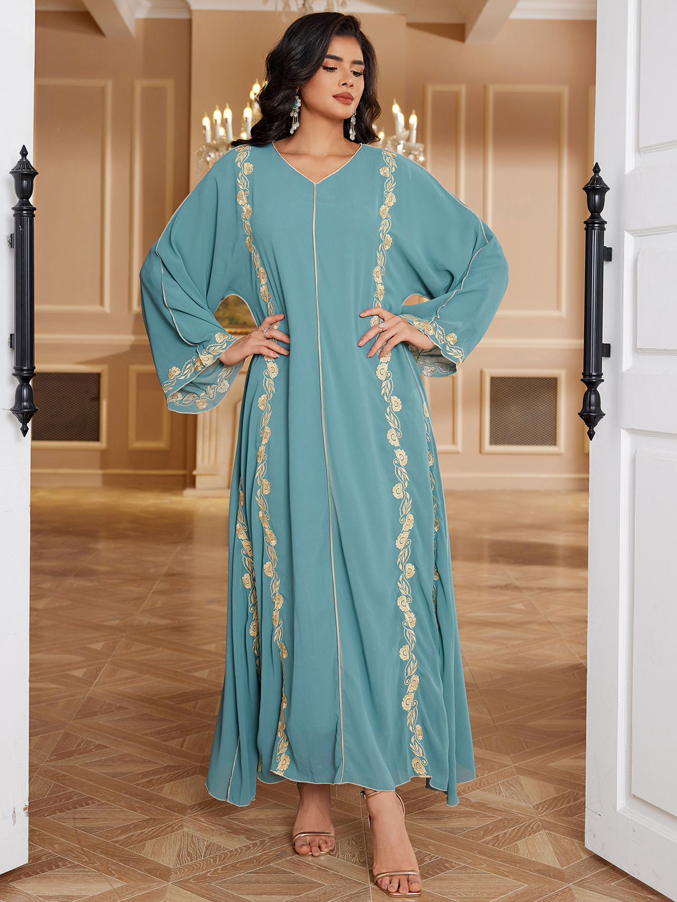 Elegant Floral Embroidery Chiffon Abaya Dress