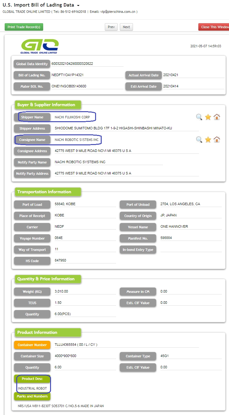 Robot USA Import Data