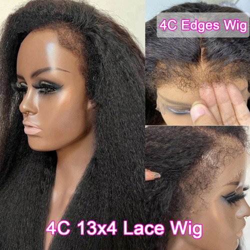 Kinky Straight 180% Density Black Yaki Lace Front Wig For African Women Baby Hair Preplucked Soft 26"Long Glueless Daily