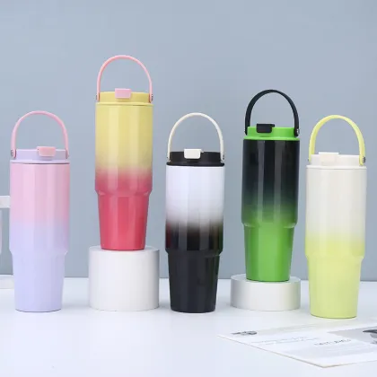 Gradient Stainless Steel Thermos Cup with Handle and Straw for Home & Travel