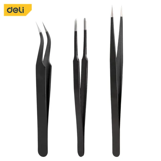 Deli Tools High Quality Bent Curved Straight 3 in 1 Tweezers Set