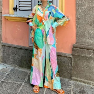 2024 Sommer -Frauen -Mode elastischer locker Kragen Langarmes Hemd Set