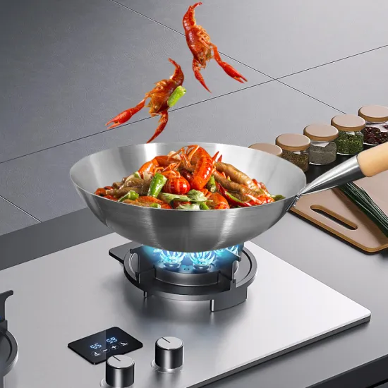 Wholesale 304 Stainless Steel Round Bottom Wok Pan with Wooden Handle for Restaurants
