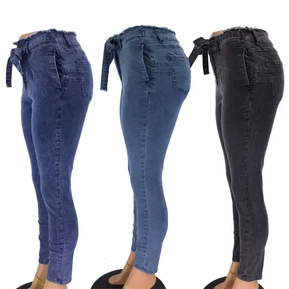High Quality Raw Edge Denim Lace-up Mid Waisted Skinny Jeans for Women