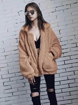 Casual coat lapel wool plush faux wool zipper coat