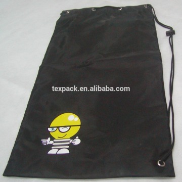 Printed black nylon plastic bag with metal eyelets and stopper