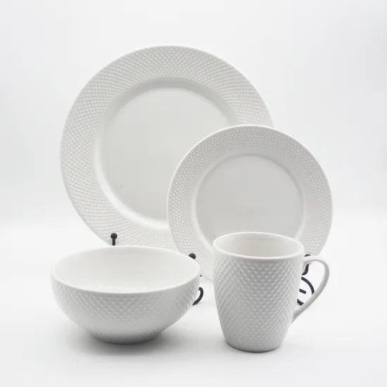 White Embossed Luxury Kitchen Set 16pcs Ceramic Plates