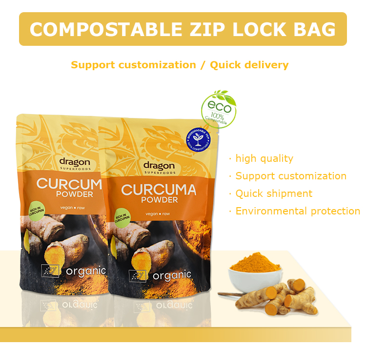 Bio-degradable Customized Printing Curcuma Powder Package Stand Up Pouch with Zip Lock 