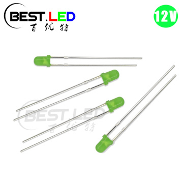 12V 3mm Green LED iebūvēts rezistors DC