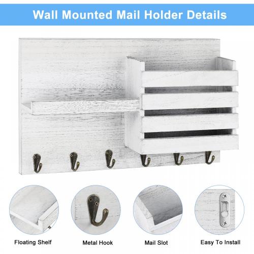 Wooden Mail Sorter Organizer with 6 Key Hooks