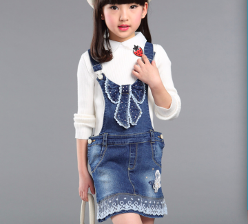 Custom girls lovely denim Dungaree dress with lace hem and butterfly