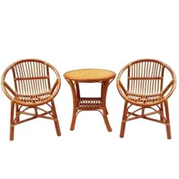 Natural Rattan Shell Chair Group - Three-Piece Home Furniture for Balcony, Garden, or Living Room