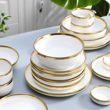 Nordic Gold Rim Luxury White Porcelain Tableware Set - Soup Bowls and Plates