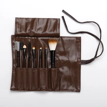 Brown pu bag with 7 makeup brushes