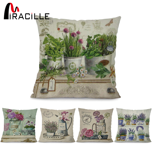 Miracille Cotton Linen Square 18" Flower Vase Green Plants Home Decorative Cushion Sofa Throw Pillow Cojines Cotton Linen Fundas