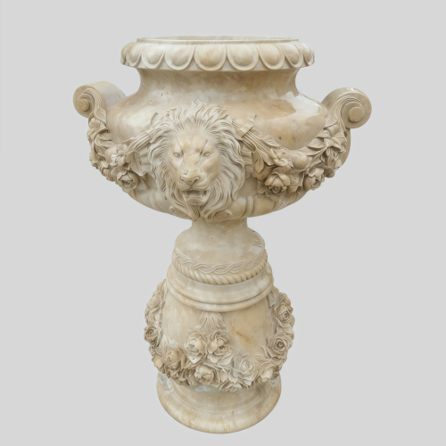 Elegant Marble Garden Planter with Ornate Lion Design