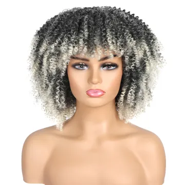Short Hair Afro Kinky Curly Wigs With Bangs For Black Women African Synthetic Omber Glueless Cosplay Wigs High Temperature