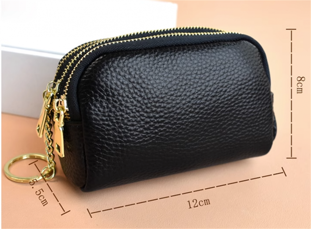 Black Polyester Interior Three-layer Zipper Purse