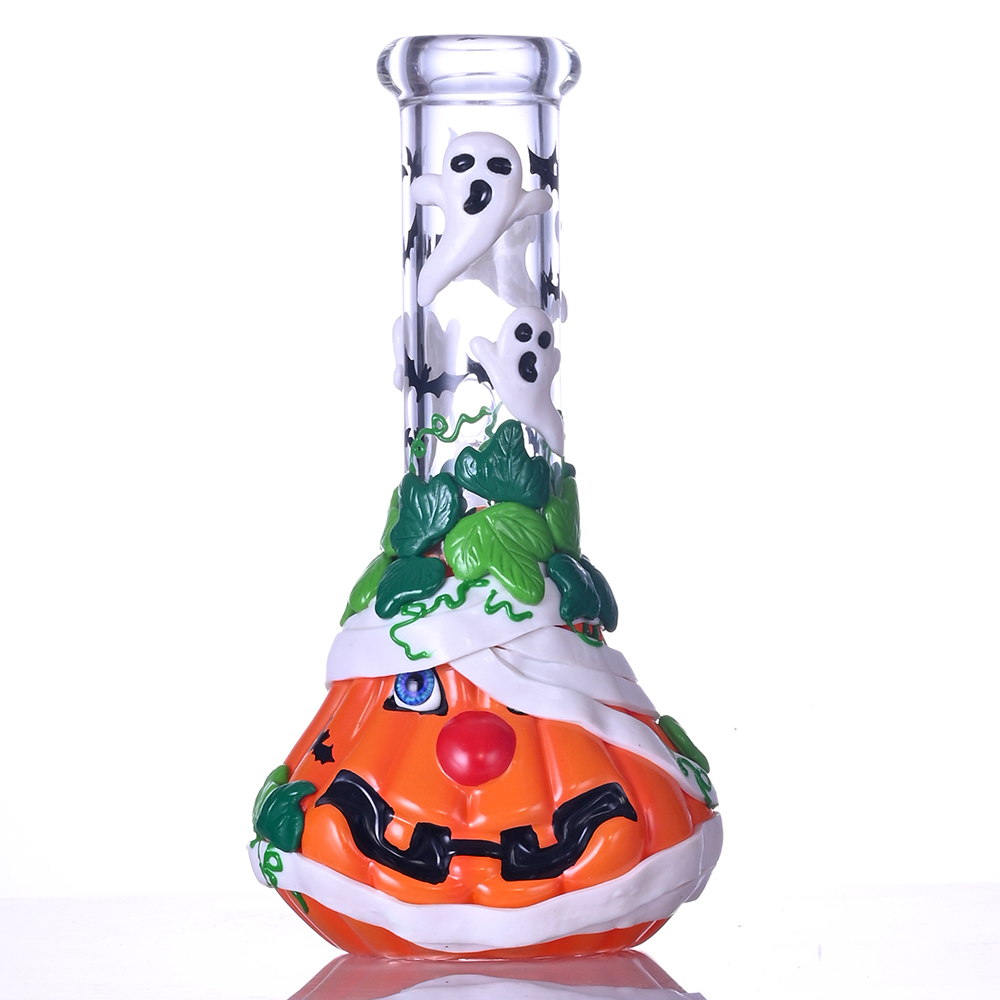 8.3in Hippies Glass, Bongueira de Pumpa de Pumpa e Elfos Desenhada à Mão, Bongo de Vidro, Bongo de Halloween, Borossilicate Glass Water Tubs com morcego