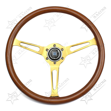 15 Inch Universal Classic Wooden Steering Wheel with Chrome Gold Spoke