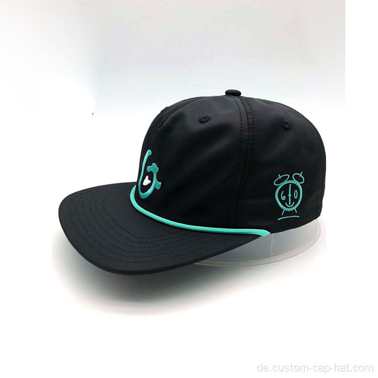 Benutzerdefinierter schwarzer Snapback -Seilhut mit bestickten Logo