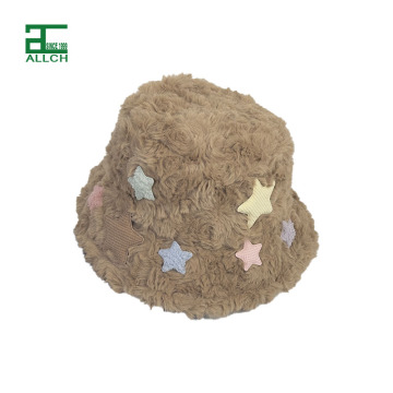 Cute Star Patches Women's Fisherman Style Fur Bucket Hat for Winter