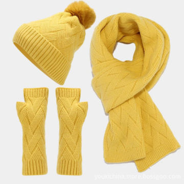 3-Piece Outdoor Winter Warm Knit Pom-Pom Beanie, Gloves, and Scarf Set