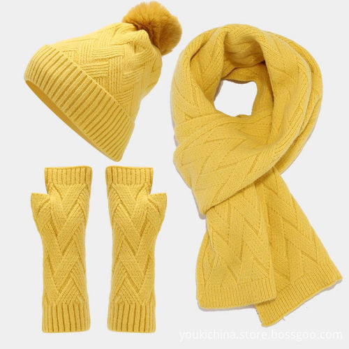 3-Piece Outdoor Winter Warm Knit Pom-Pom Beanie, Gloves, and Scarf Set