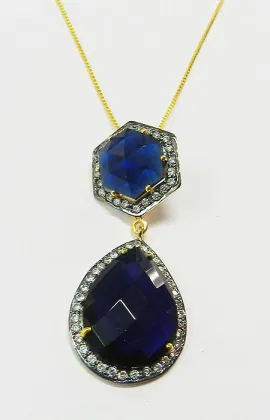 925 Sterling Silver Iolite Hydro & Hexagon Pendant