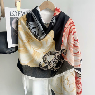 Elegant Floral Autumn Winter Cotton Linen Scarf for Women