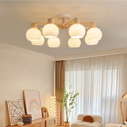 Japanese Wooden Chandelier E27 Glass Pendant Lighting for Restaurant Bedroom