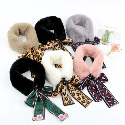 Winter Leopard Printed Streamers Silk Scarf Women Soft Faux Rabbit Fur Collar Scarves Shawls Elegant Fashion Women Scarf