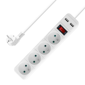 White French Standard 4-Outlet Power Strip with 2 USB and 1 Switch