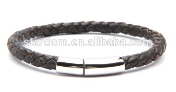 Men's simple cool stainless steel clasp leather wrap bracelet
