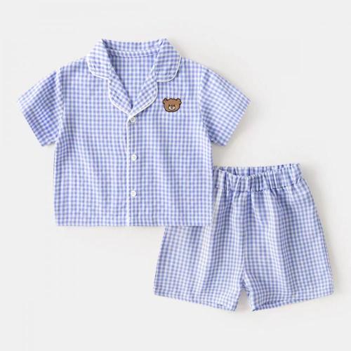 Kids Boys Girls Short Sleeve100% Cotton Plaid Pajamas