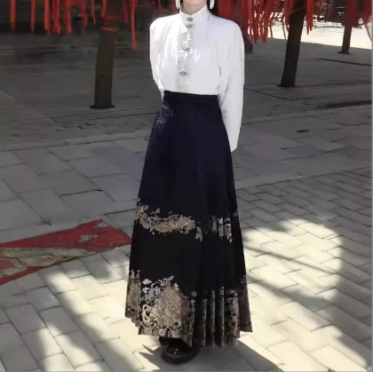 2024 Chinese Style Dian Cui Printed Horse Face Skirt Han Fu Pleated Half Skirt